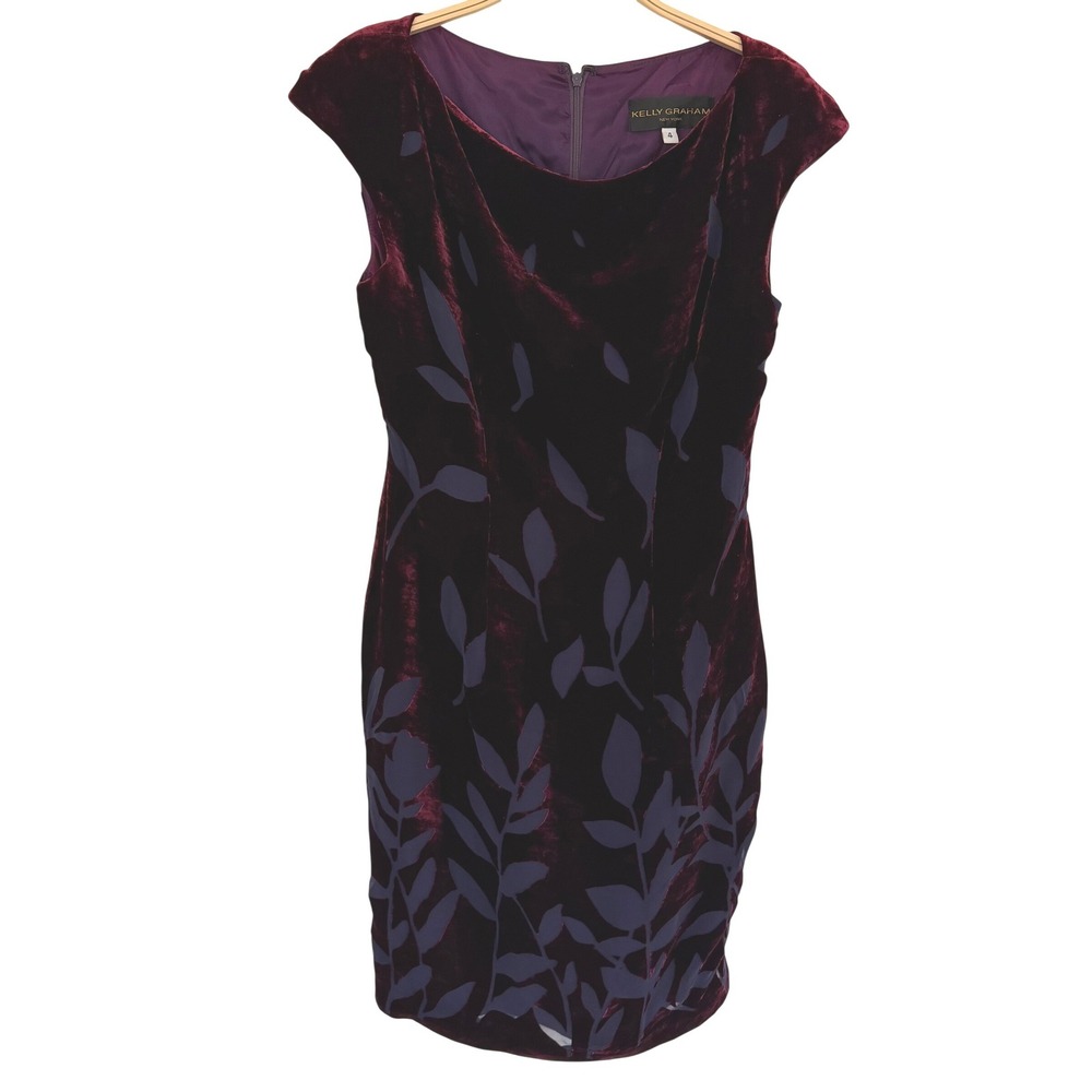 Kelly Graham New York Velvet Burnout Dress Burgundy Navy Leaf Sheath Size 4